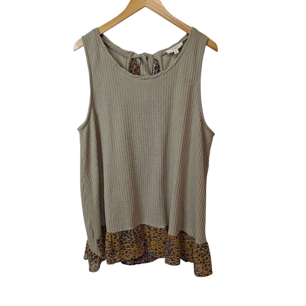 Umgee Womens 2XL Sleeveless Thermal Knit Top Mixed Media Boho Tie Neck Ruffle